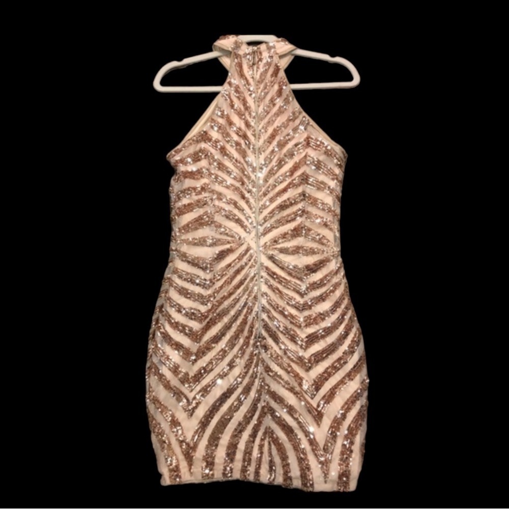 Rose Gold Sequin Halter Dress EUC Size Medium - Picture 11 of 12